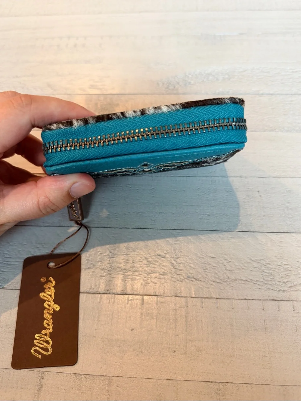 Wrangler Genuine Hair-On Cowhide Zip-Around Wallet Turquoise